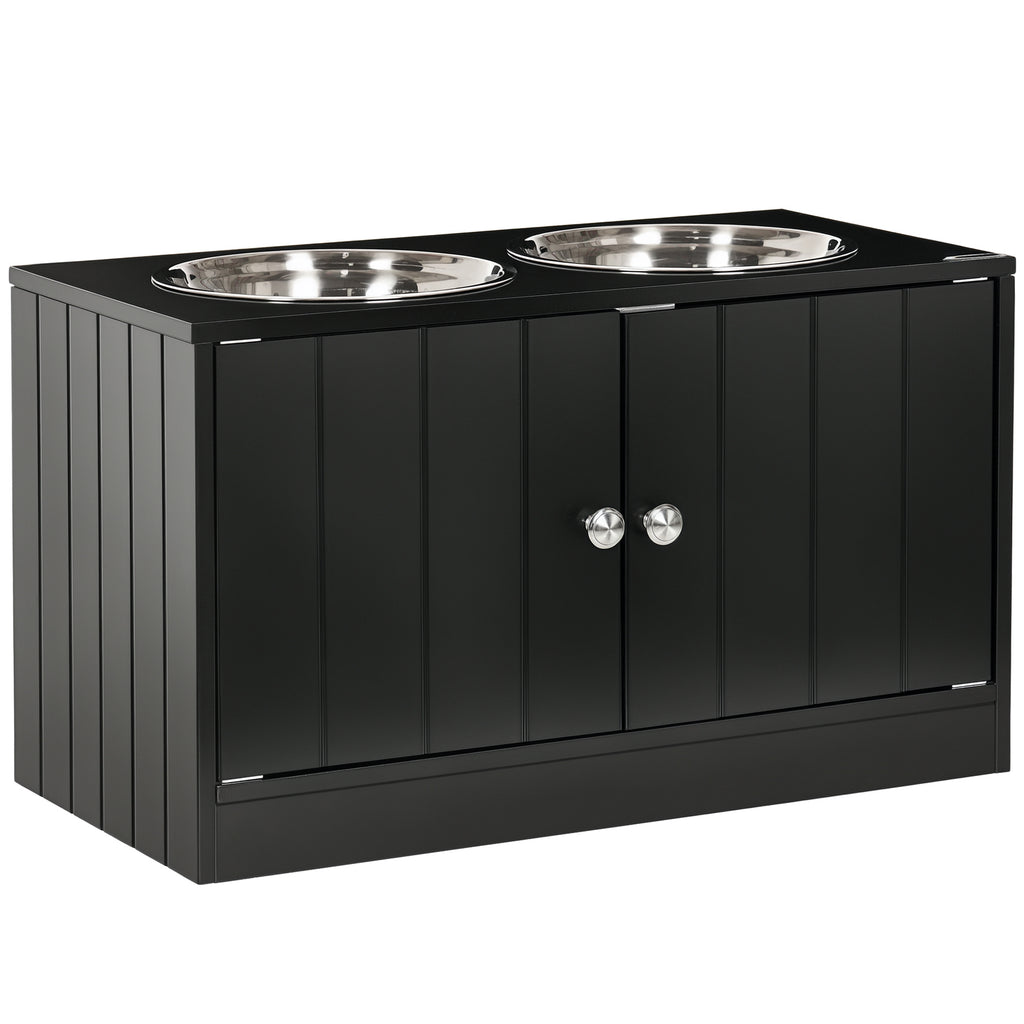 Large Elevated Dog Bowls with Storage Cabinet – Black / 705x380x155 mm