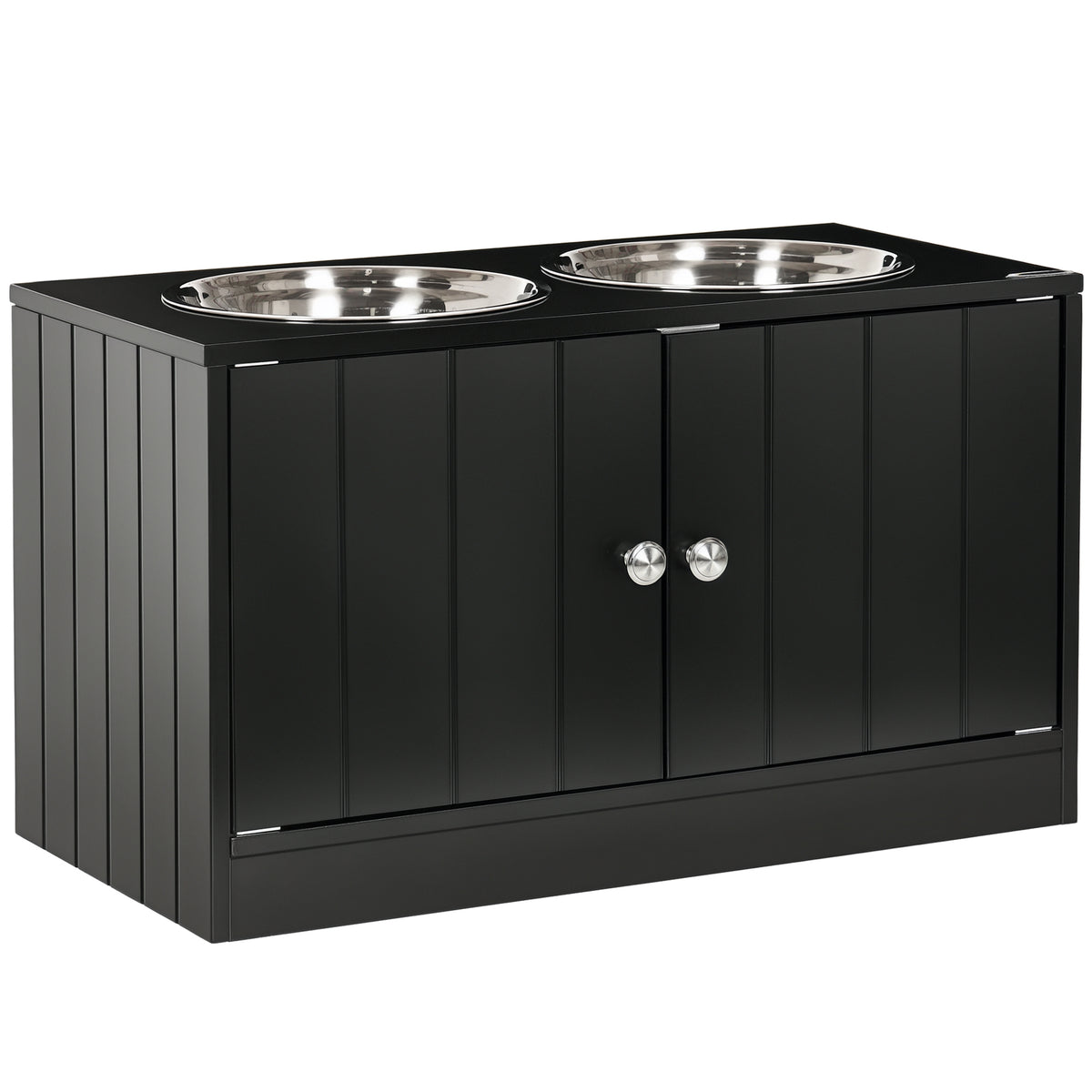 Large Elevated Dog Bowls with Storage Cabinet – Black / 705x380x155 mm
