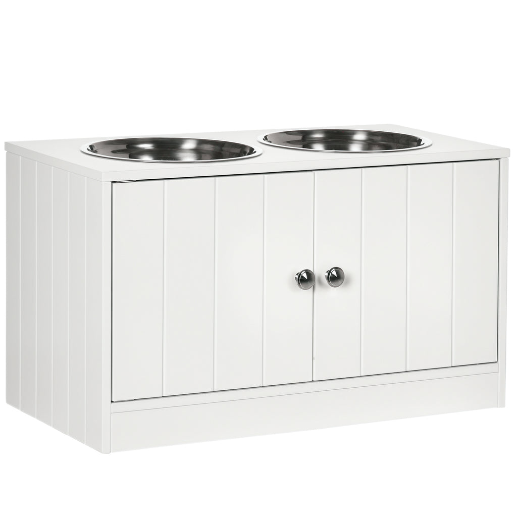 Large Elevated Dog Bowls with Storage Cabinet – White / 705x380x155 mm