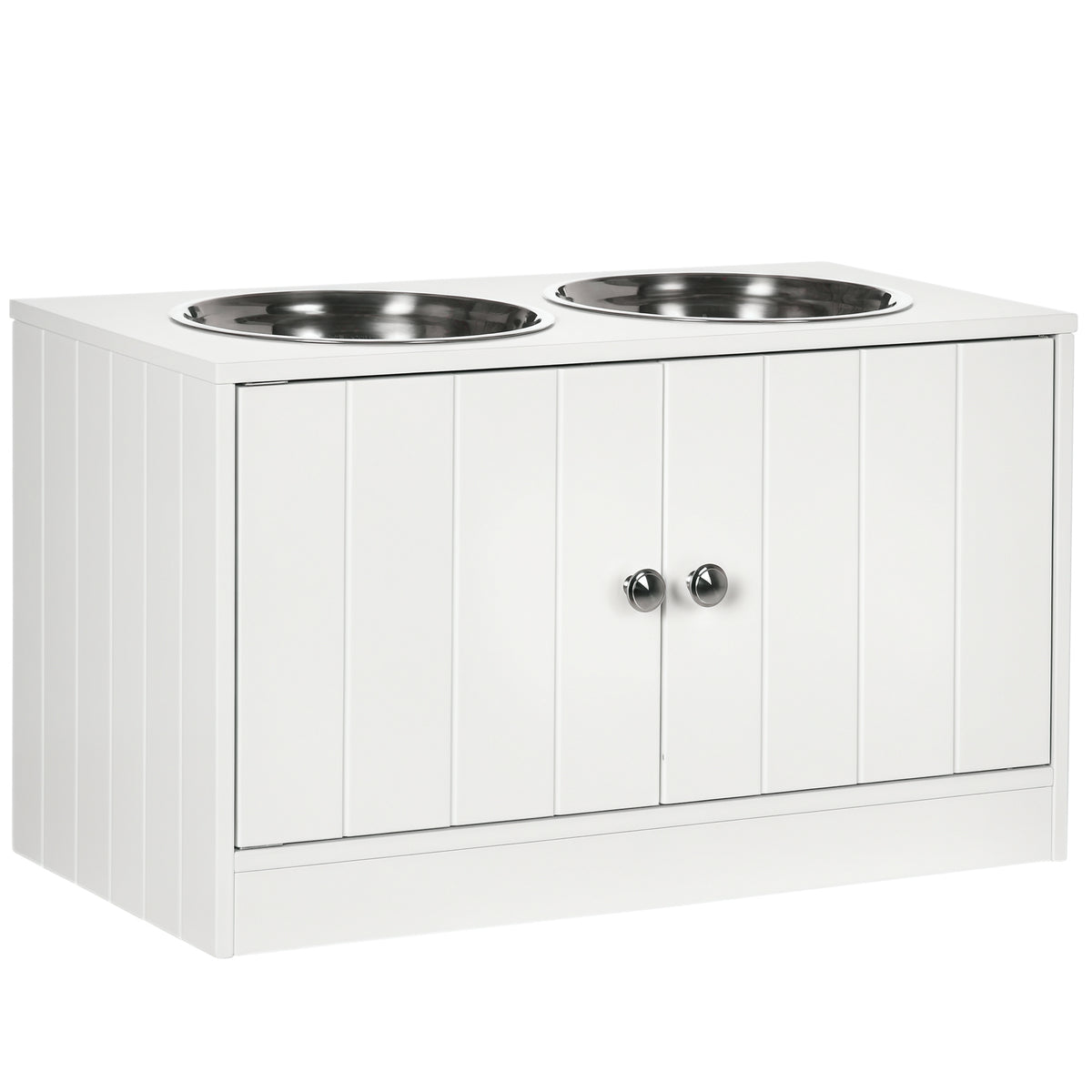 Large Elevated Dog Bowls with Storage Cabinet – White / 705x380x155 mm