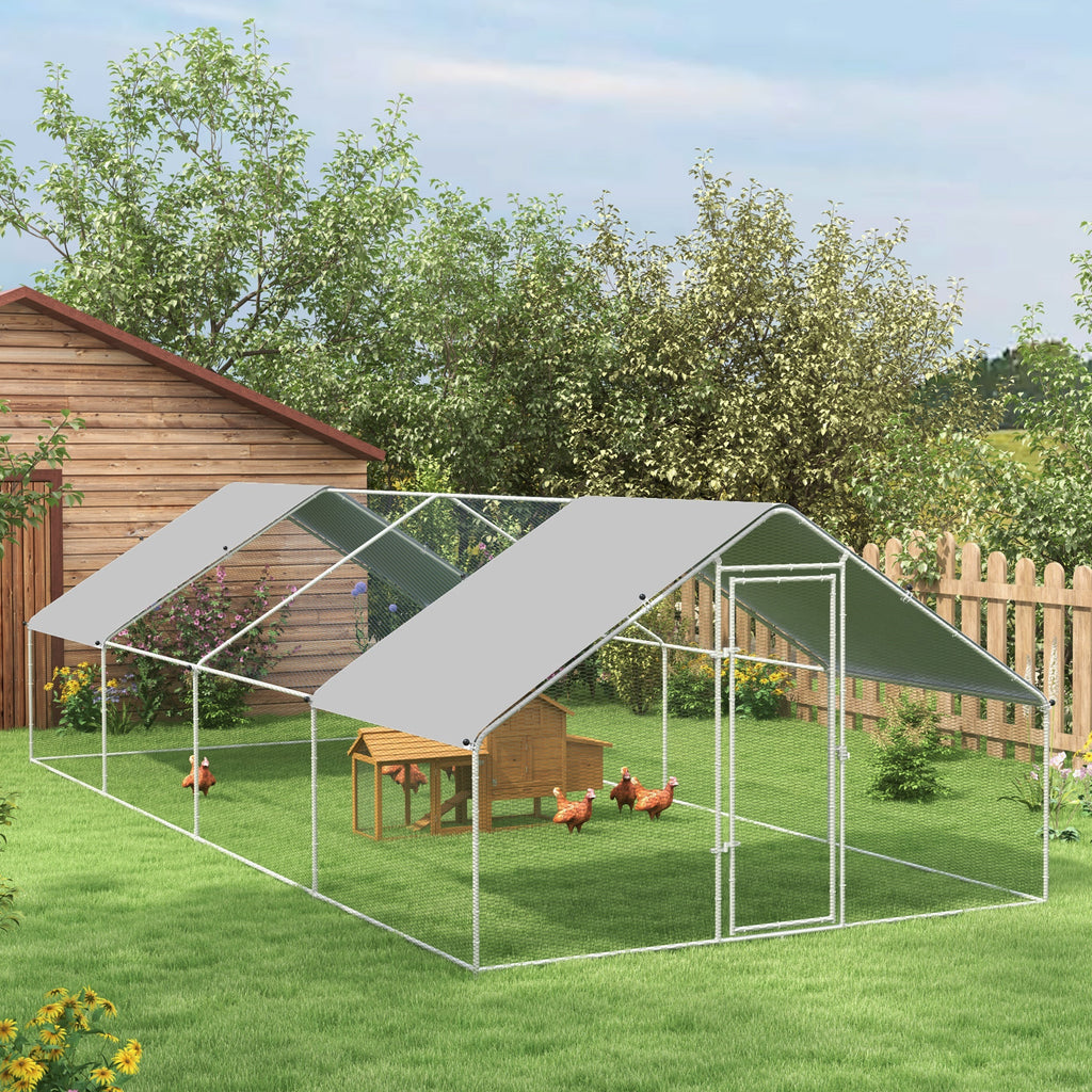 Large Metal Chicken Coop with Waterproof Cover – Silver / 2040x430x170 mm