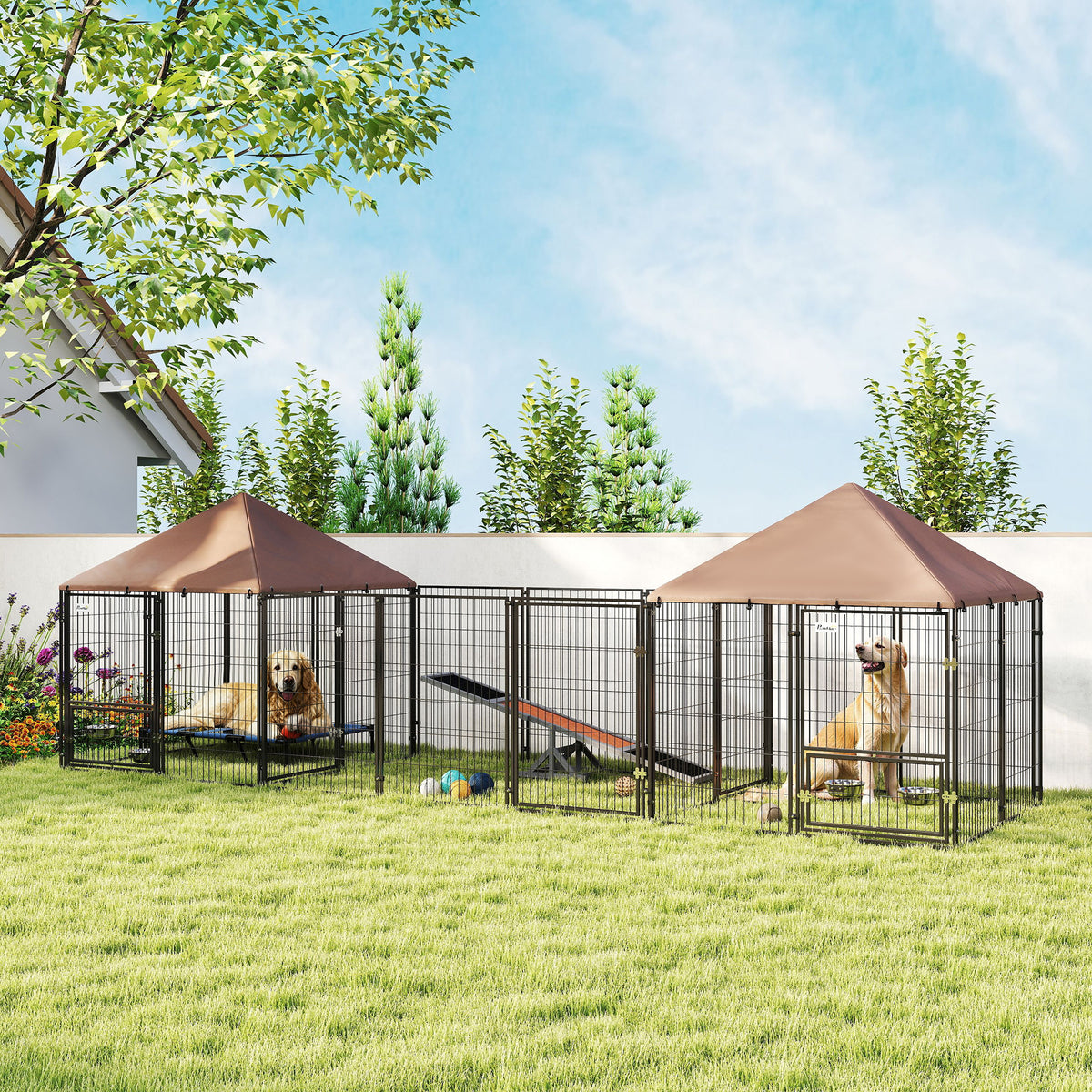 Large Outdoor Dog Kennel with Dual Rooms and Adjustable Bowls