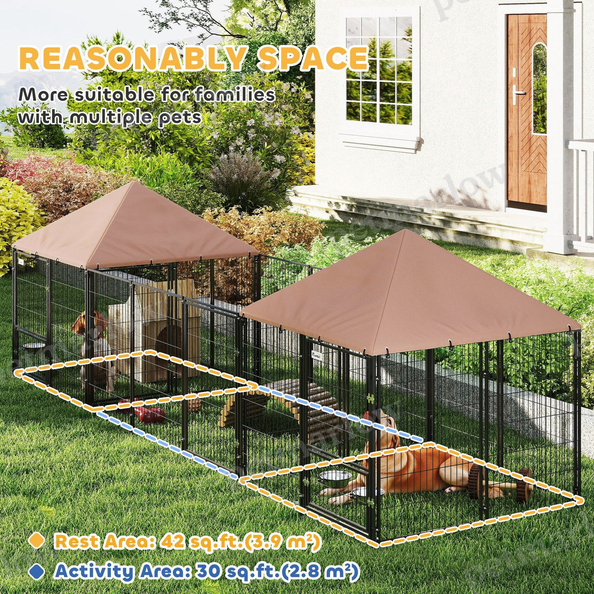 Large Outdoor Dog Kennel with Dual Rooms and Adjustable Bowls – view 5