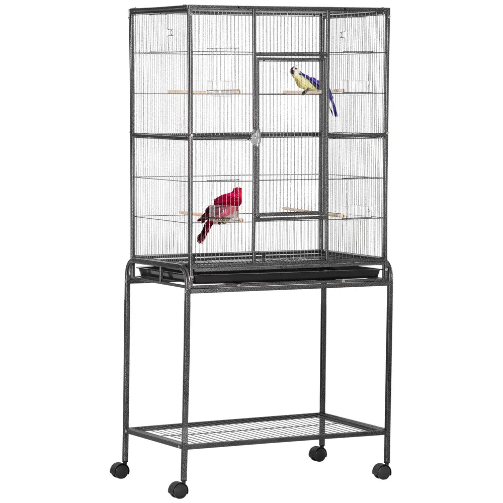 Large Rolling Metal Bird Cage with Detachable Stand and Storage Shelf – Black