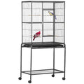 Large Rolling Metal Bird Cage with Detachable Stand and Storage Shelf – Black