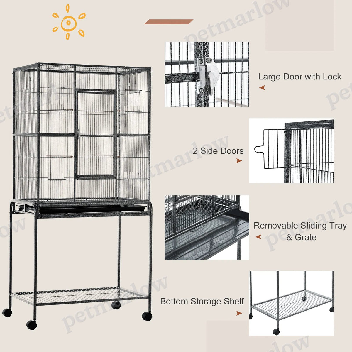 Large Rolling Metal Bird Cage with Detachable Stand and Storage Shelf – view 3