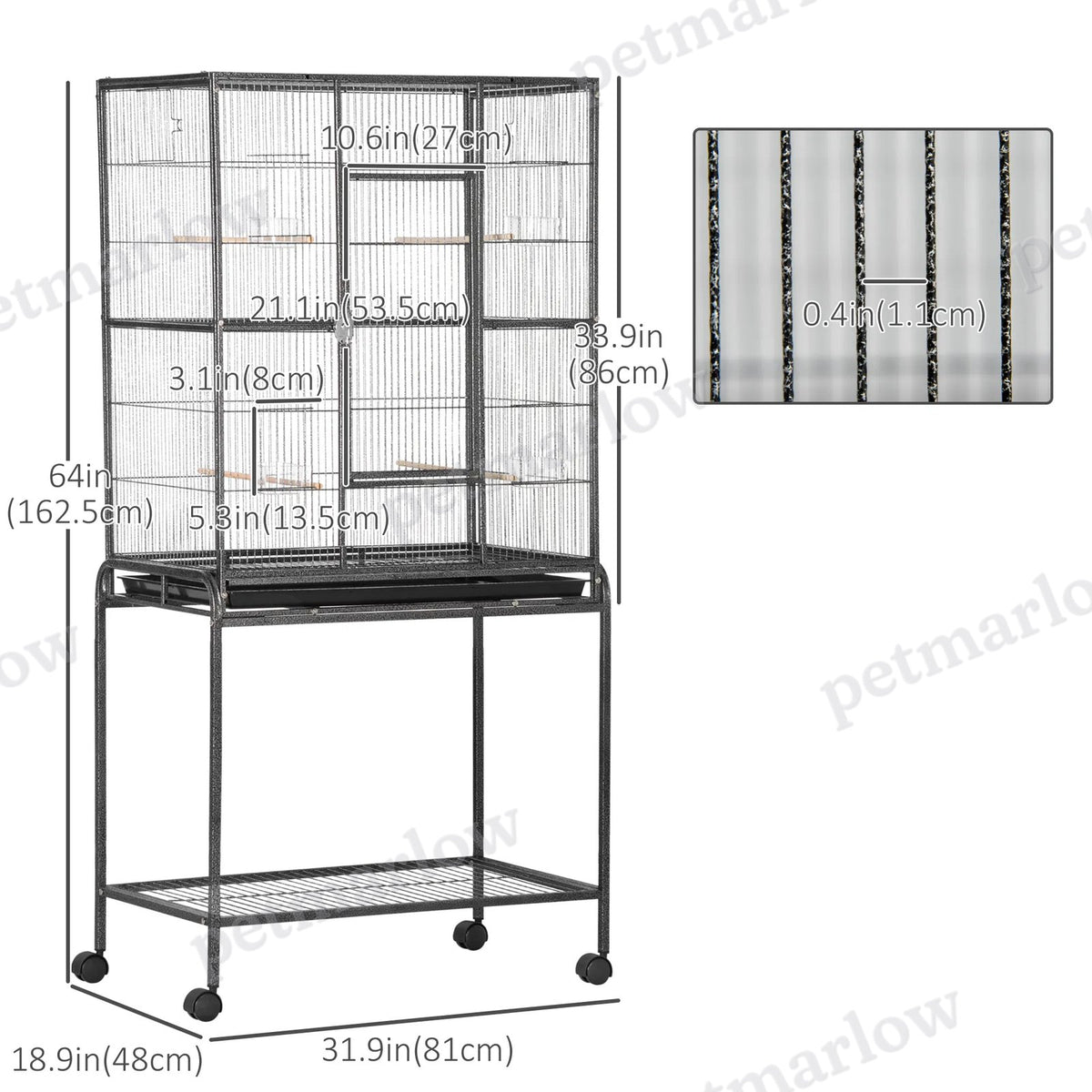 Large Rolling Metal Bird Cage with Detachable Stand and Storage Shelf – view 4