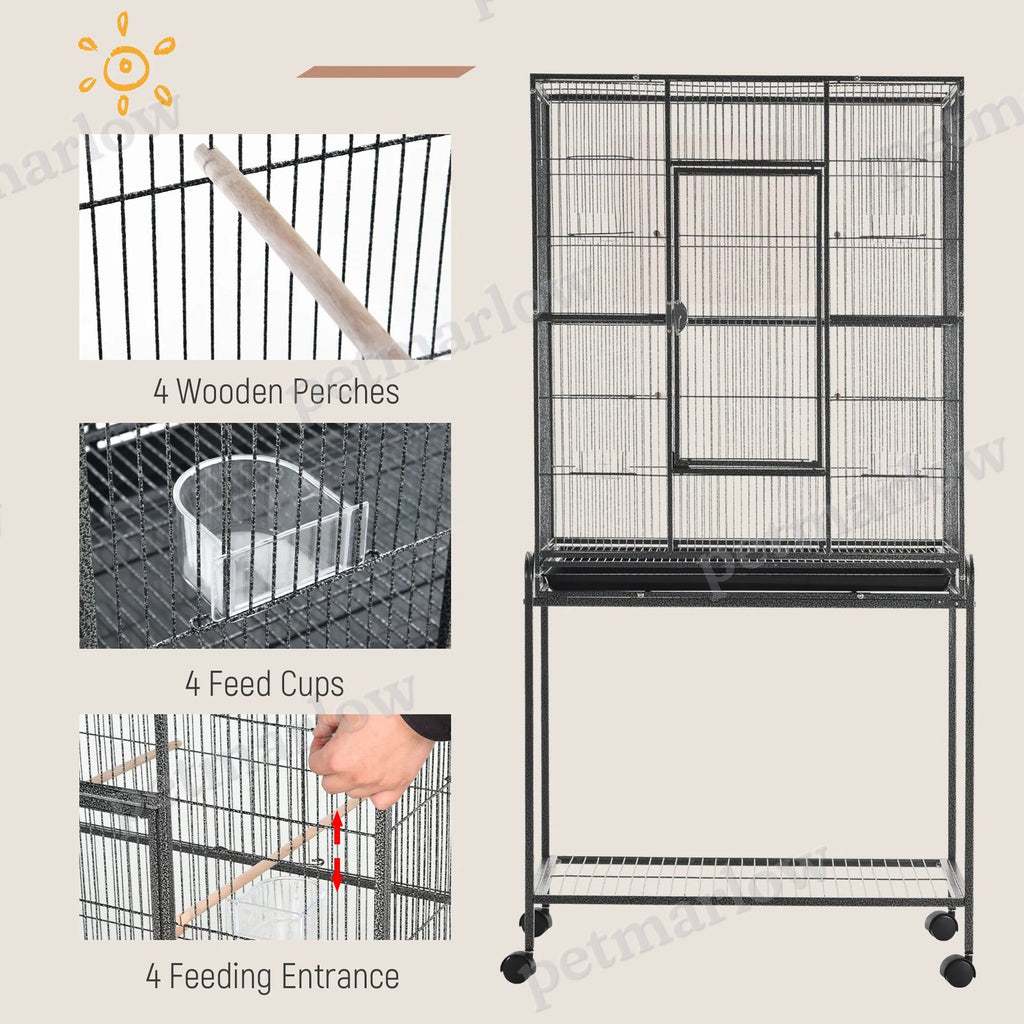 Large Rolling Metal Bird Cage with Detachable Stand and Storage Shelf – view 5