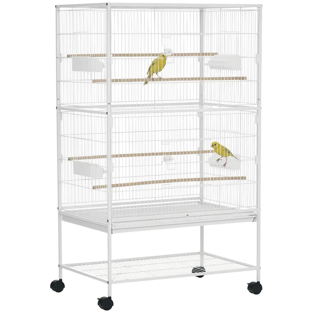 Large Rolling Steel Bird Cage with Perches and Food Containers – White