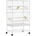 Large Rolling Steel Bird Cage with Perches and Food Containers – White