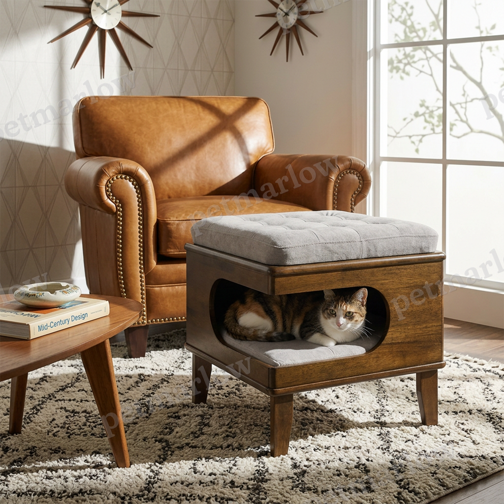 Rubber Wood Cat Bed Ottoman with Cat Cave – view 2