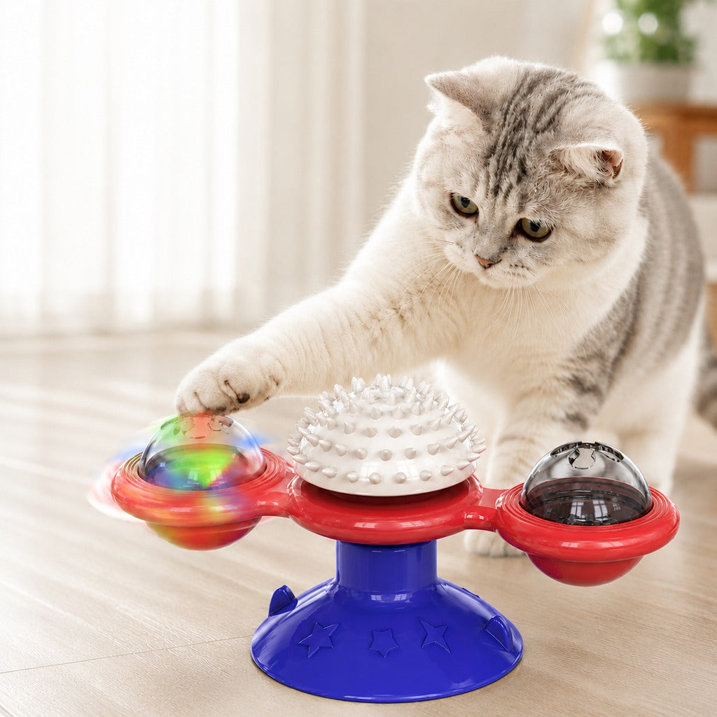 Light-Up 360° Spinning Cat Toy (Suction Cup & Catnip Balls) – Blue-Red