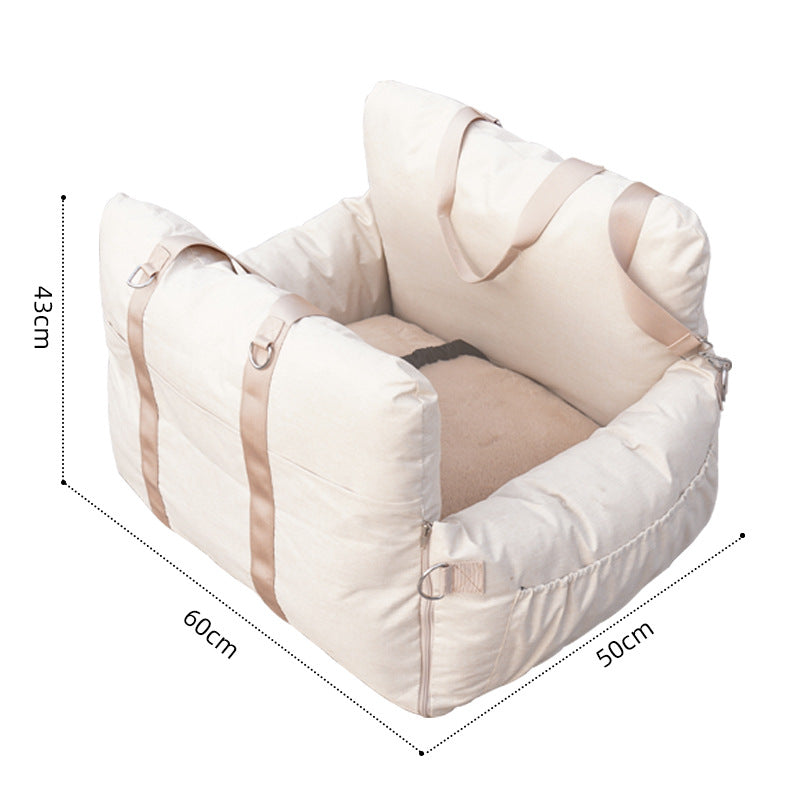 Linen Car Safety Seat Front Dog Bed – Beige / 60X50X43cm