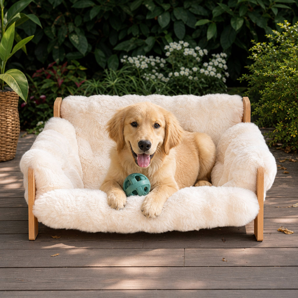 Luxury Elevated Solid Wood Dog Couch Bed – Off White
