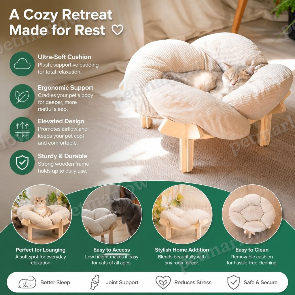 Luxury Elevated Wooden Flower Pet Bed with Plush Cushion – view 3