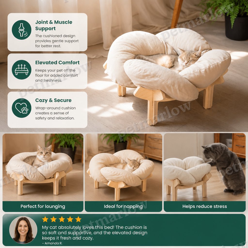 Luxury Elevated Wooden Flower Pet Bed with Plush Cushion – view 4