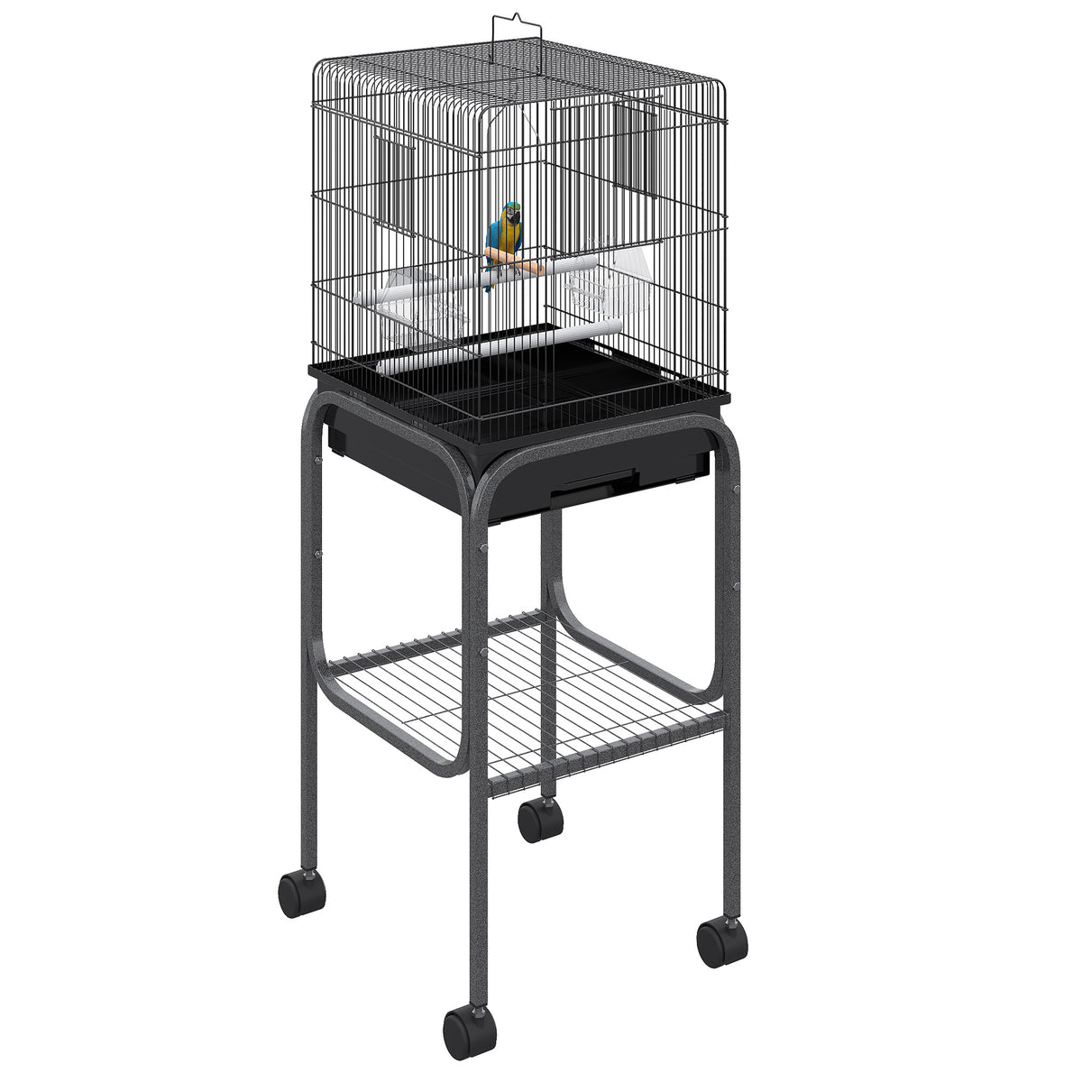 Metal Indoor Bird Cage with Rolling Stand and Accessories – BLACK / 850x480x230 mm