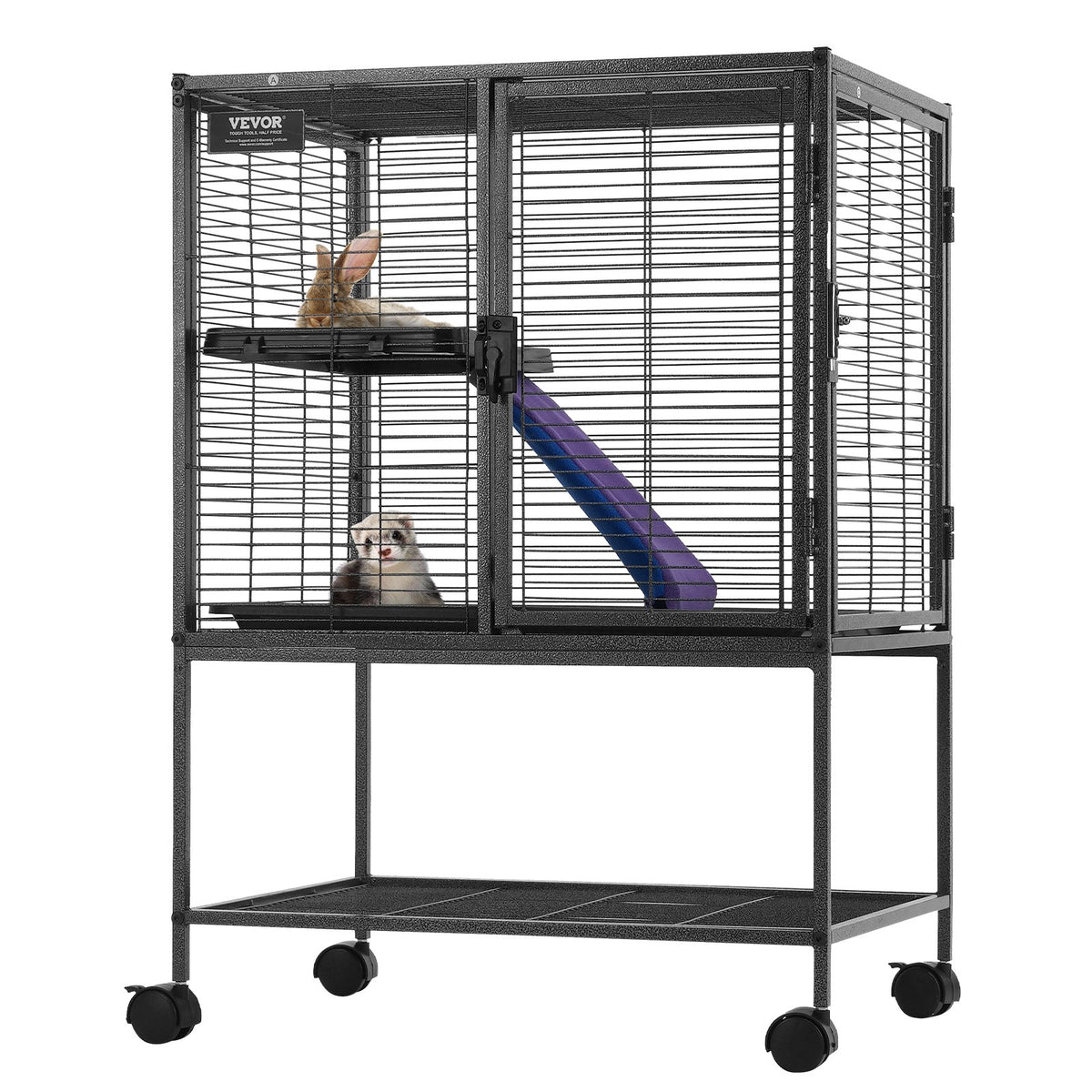 Metal Small Animal Cage with Ramp and Rolling Base