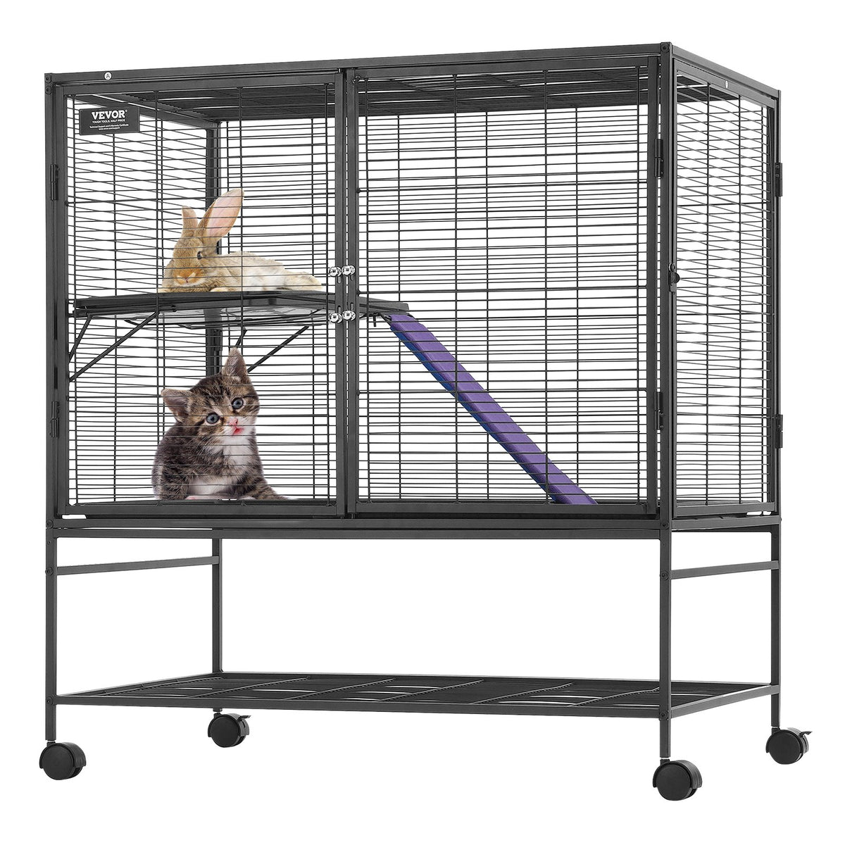 Metal Small Animal Cage with Ramp and Rolling Base