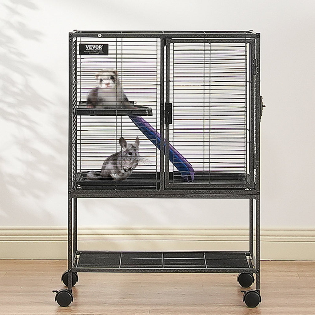 Metal Small Animal Cage with Ramp and Rolling Base – Black
