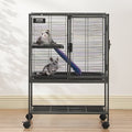 Metal Small Animal Cage with Ramp and Rolling Base – Black