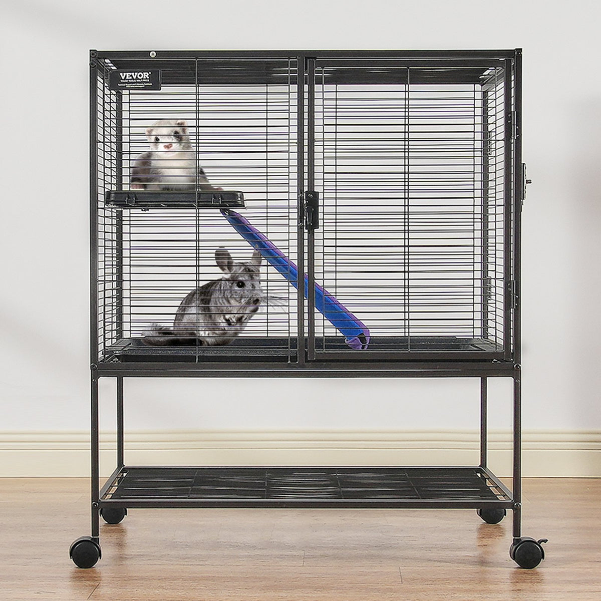 Metal Small Animal Cage with Ramp and Rolling Base – Black