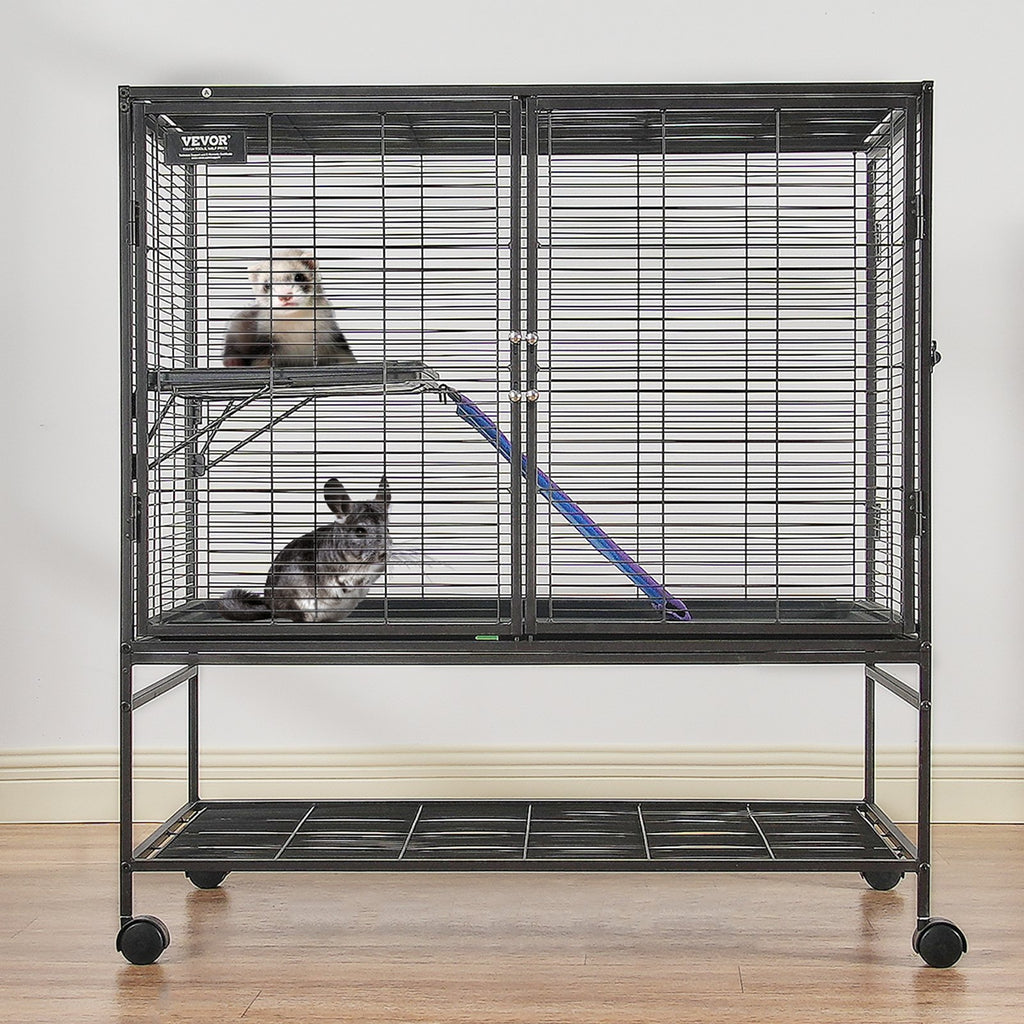 Metal Small Animal Cage with Ramp and Rolling Base – Black