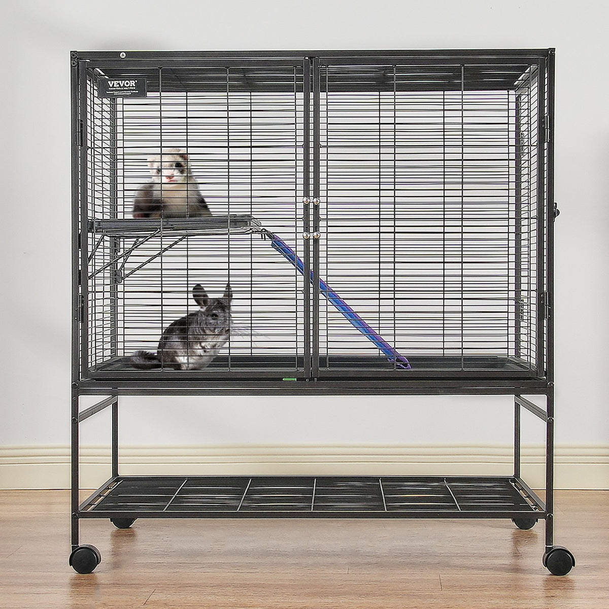 Metal Small Animal Cage with Ramp and Rolling Base – Black