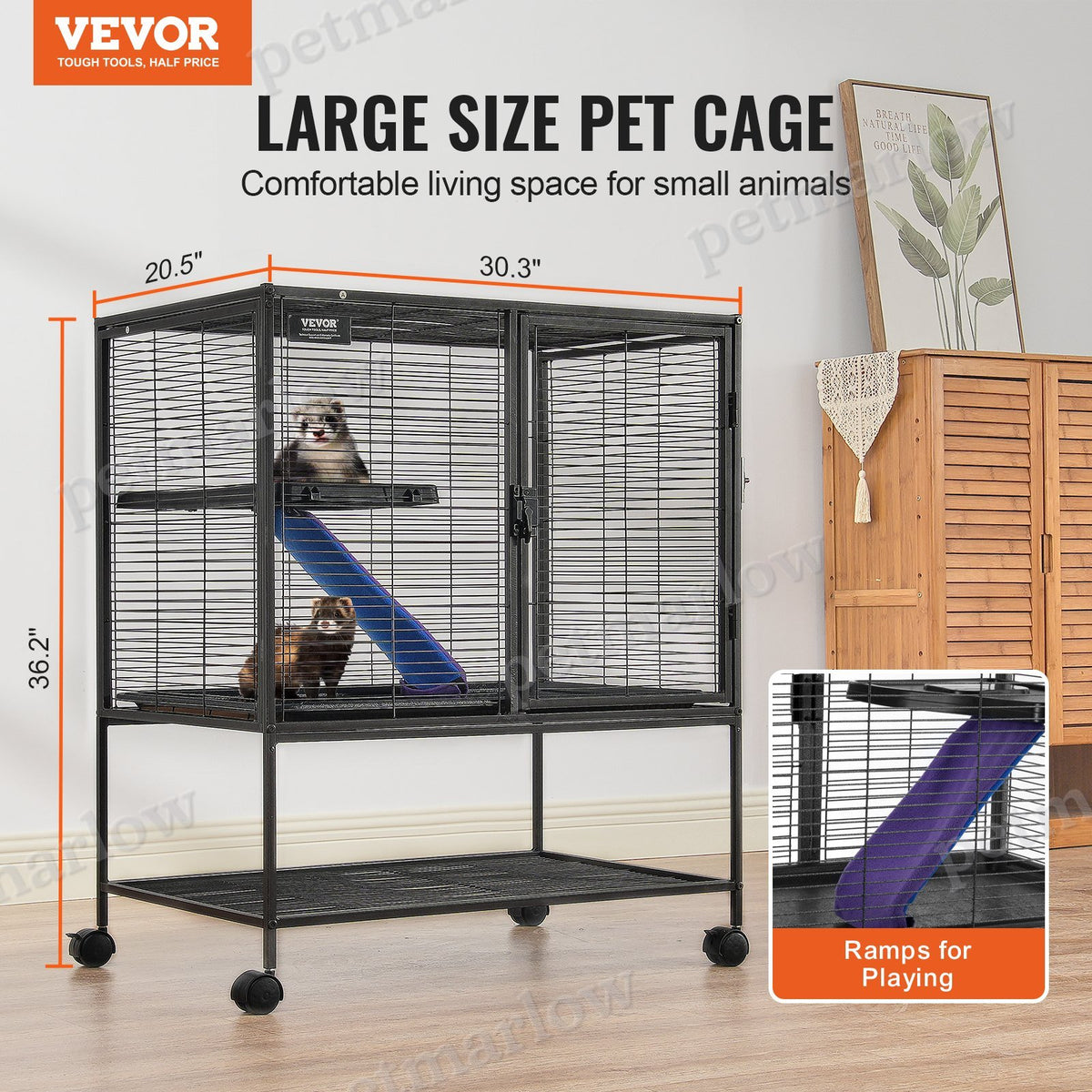 Metal Small Animal Cage with Ramp and Rolling Base – view 3
