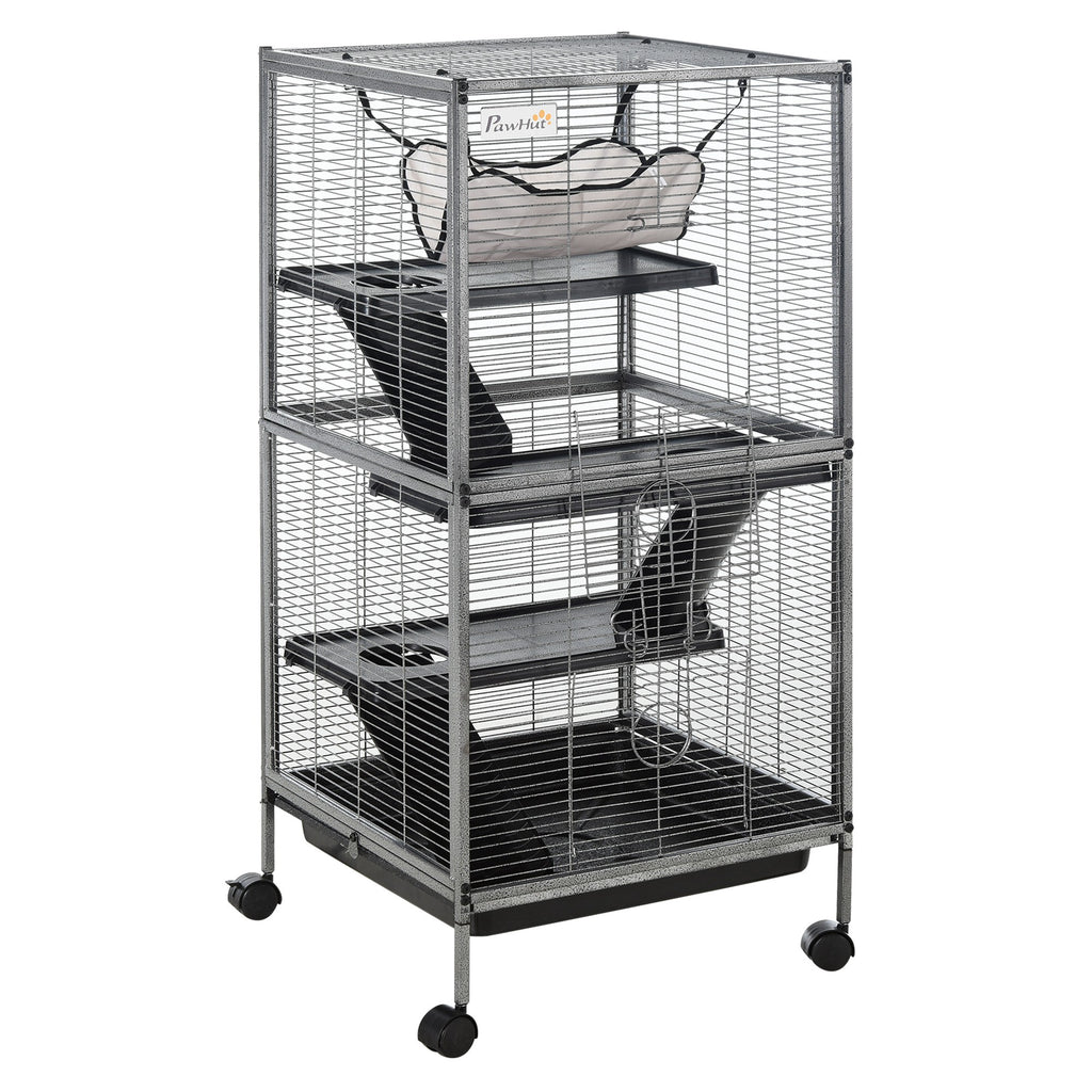Metal Small Animal Cage with Rolling Wheels and Hammock – Gray / 550x550x240 mm