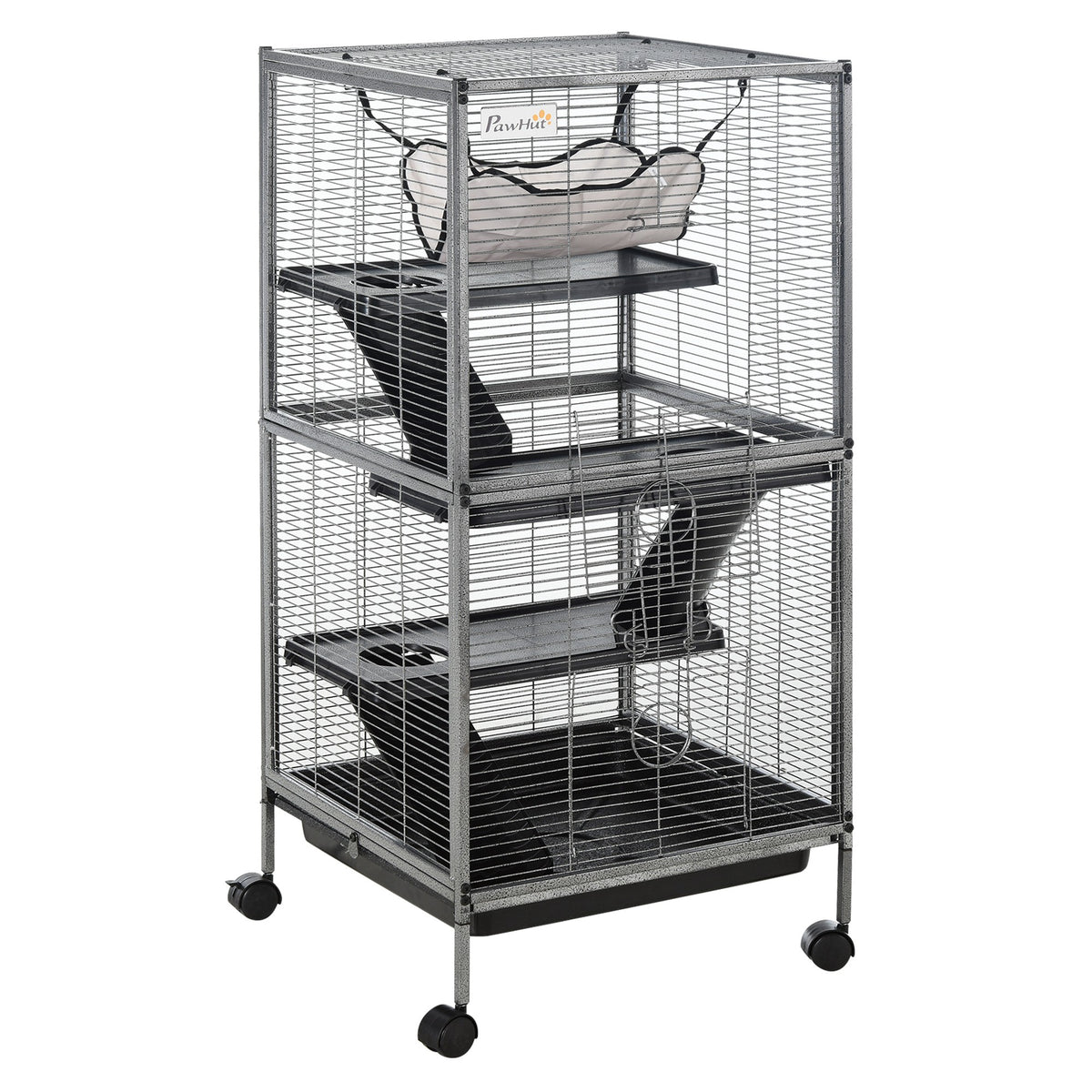Metal Small Animal Cage with Rolling Wheels and Hammock – Gray / 550x550x240 mm