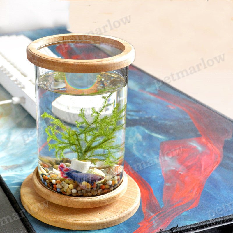 Mini Glass Aquarium With Bamboo Base Office Desktop Fish Bowl – view 5