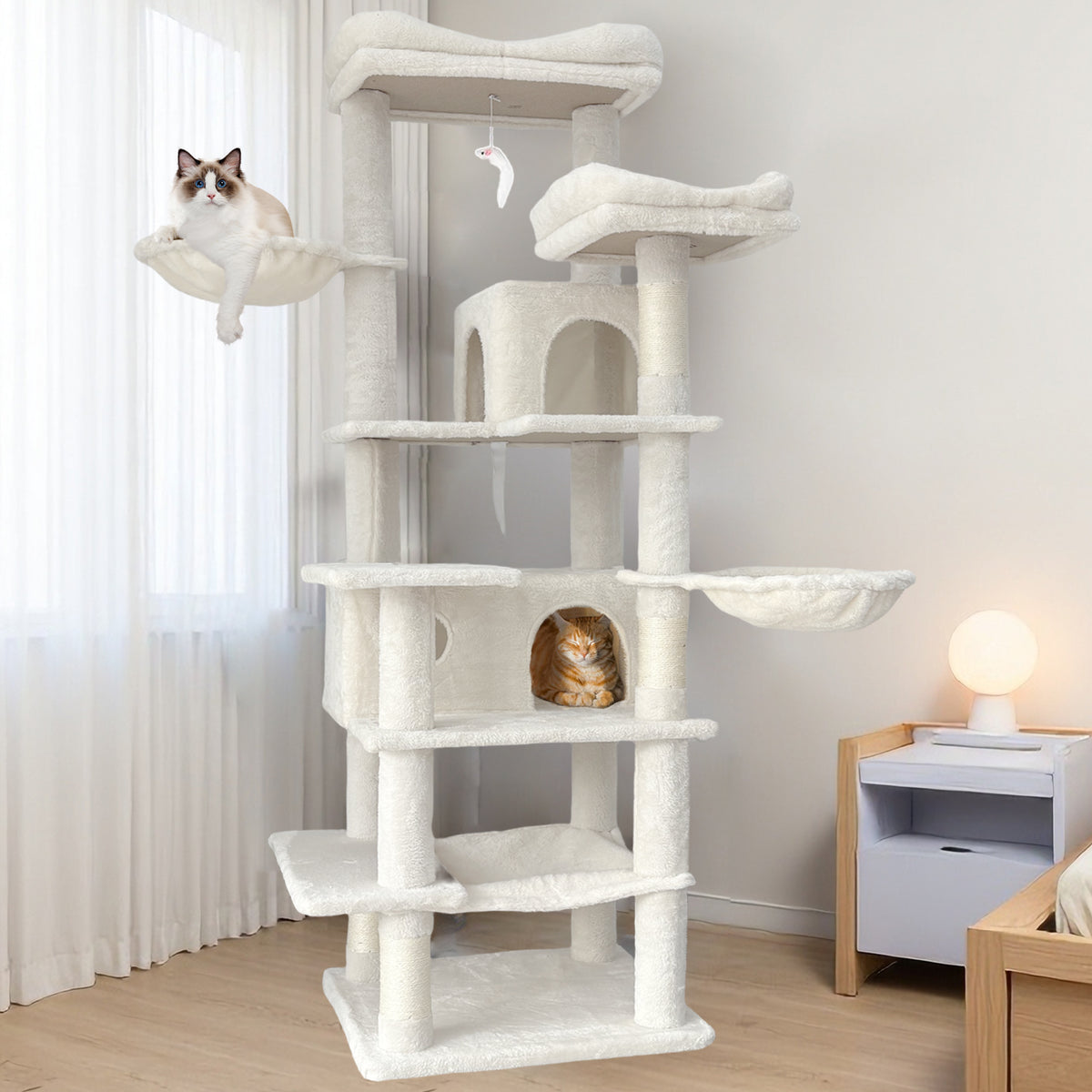 Multi-Level Beige Cat Tree with Hammocks and Scratching Posts