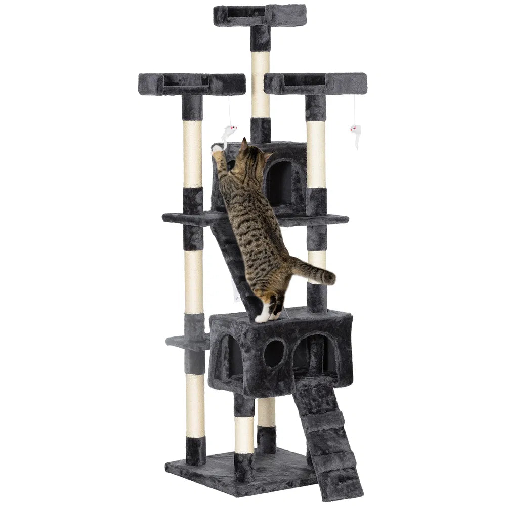 Multi-Level Cat Scratching Tree Activity Center with Toys – Grey