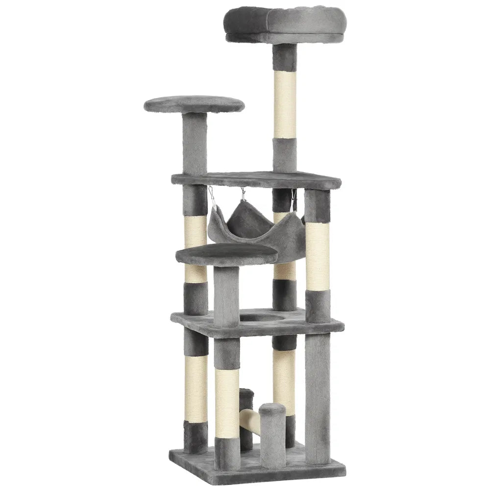 Multi-Level Cat Tree Tower with Hammock for Play and Scratching – Grey