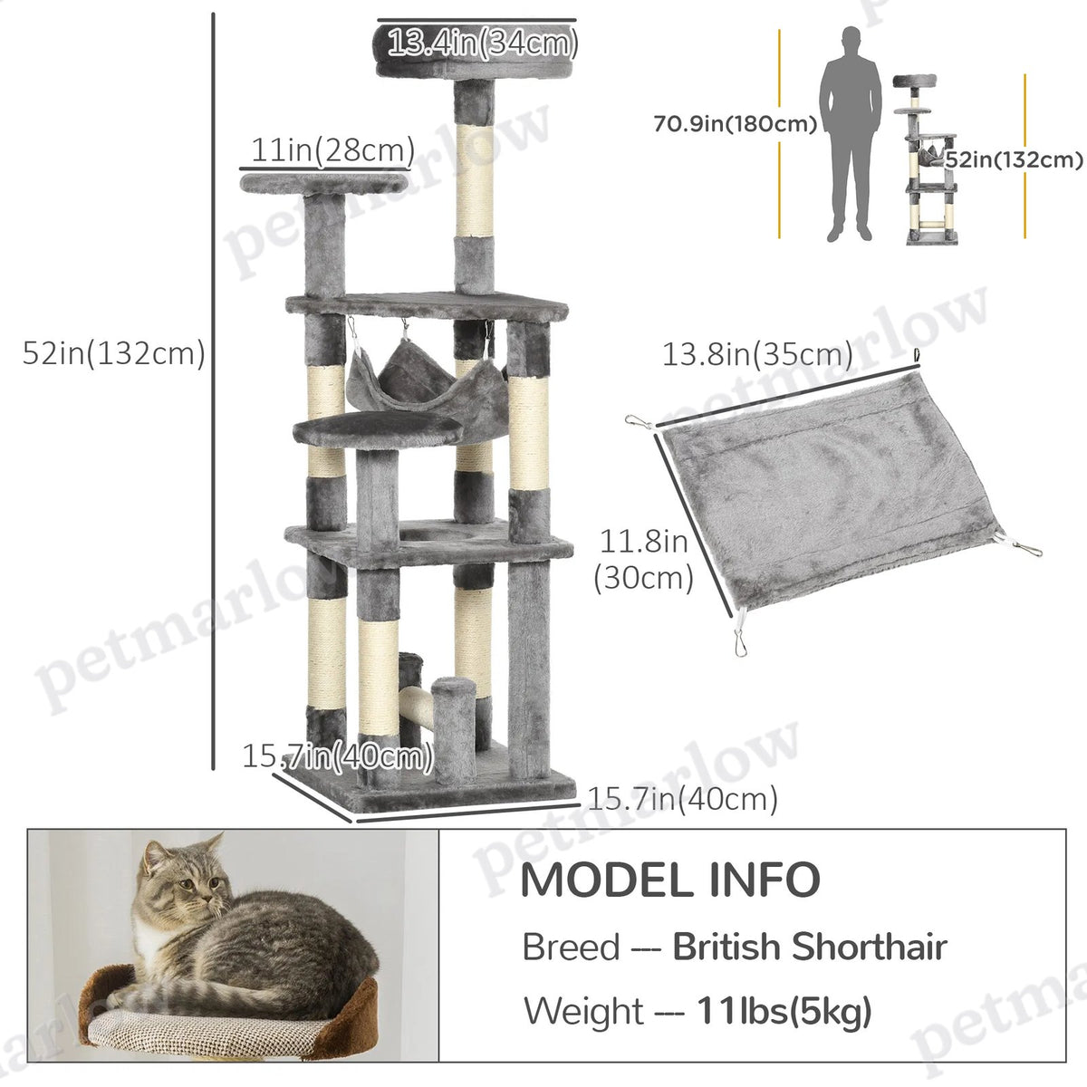 Multi-Level Cat Tree Tower with Hammock for Play and Scratching – view 5