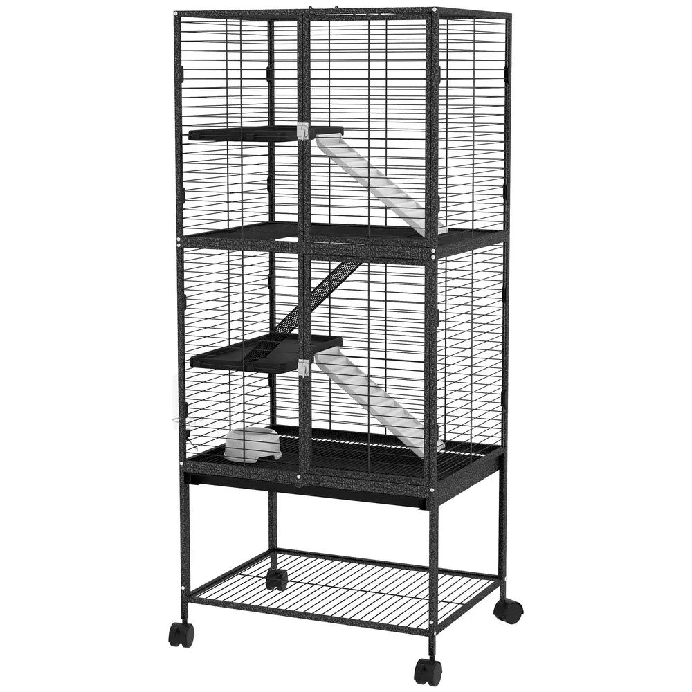 Multi-Tier Small Animal Cage with Wheels and Removable Tray – Dark Grey