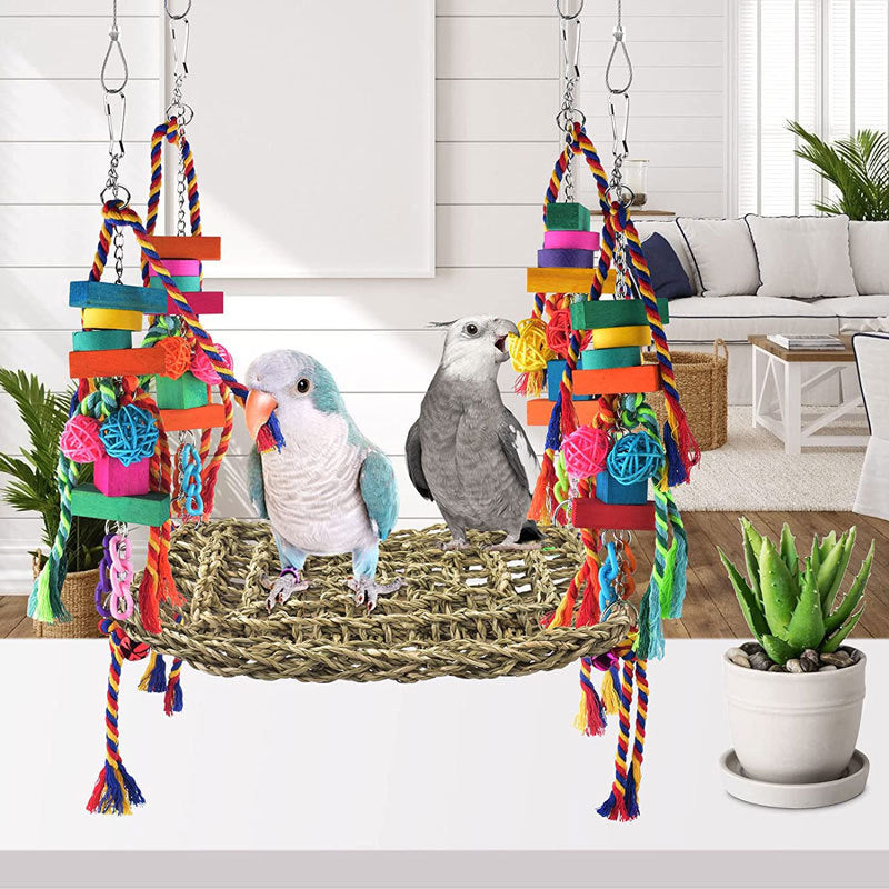 Natural Grass Parrot Climbing Net Hammock For Medium Large Bird Cages