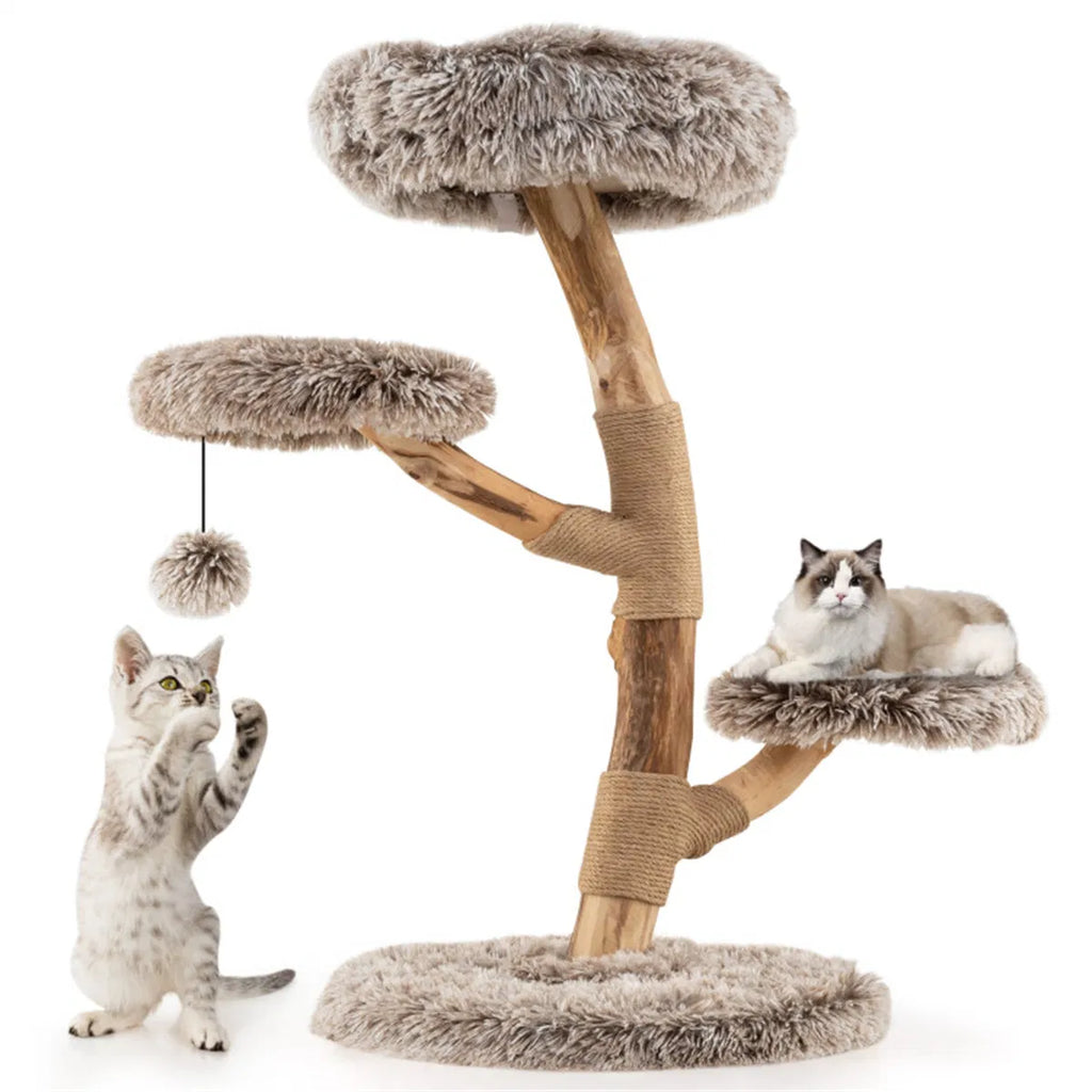 Natural Pear Wood Cat Tree with Plush Levels and Scratching Posts