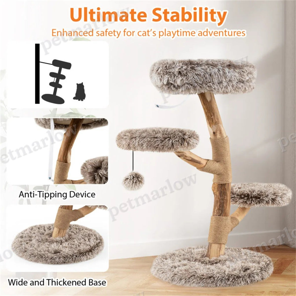 Natural Pear Wood Cat Tree with Plush Levels and Scratching Posts – view 3
