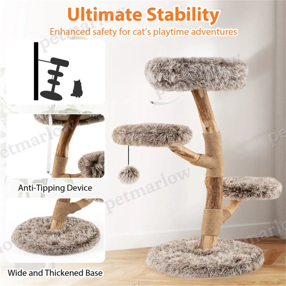 Natural Pear Wood Cat Tree with Plush Levels and Scratching Posts – view 3