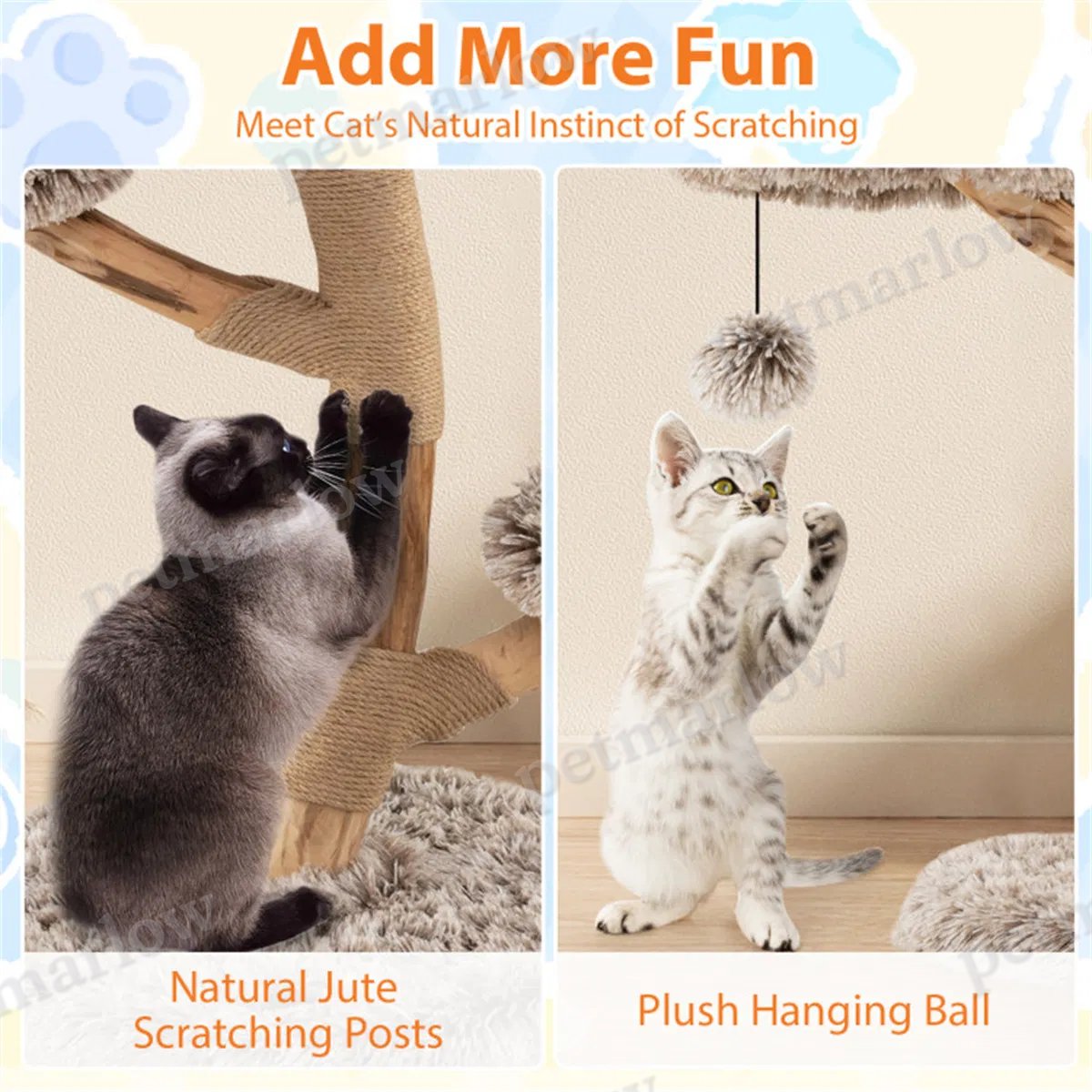 Natural Pear Wood Cat Tree with Plush Levels and Scratching Posts – view 5