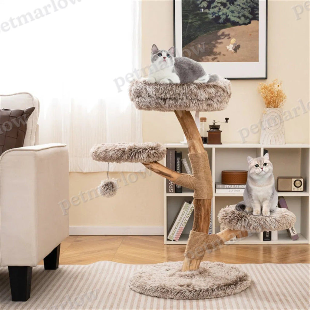Natural Pear Wood Cat Tree with Plush Levels and Scratching Posts – view 6