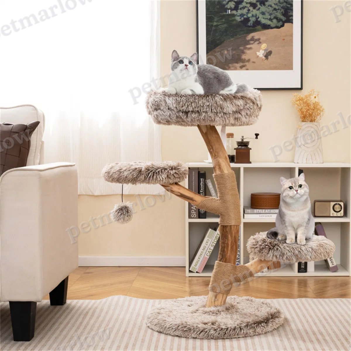 Natural Pear Wood Cat Tree with Plush Levels and Scratching Posts – view 6