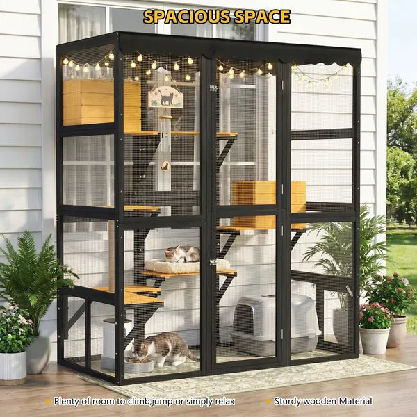 Outdoor Cat Enclosure with Walk-In Access and Elevated Shelves