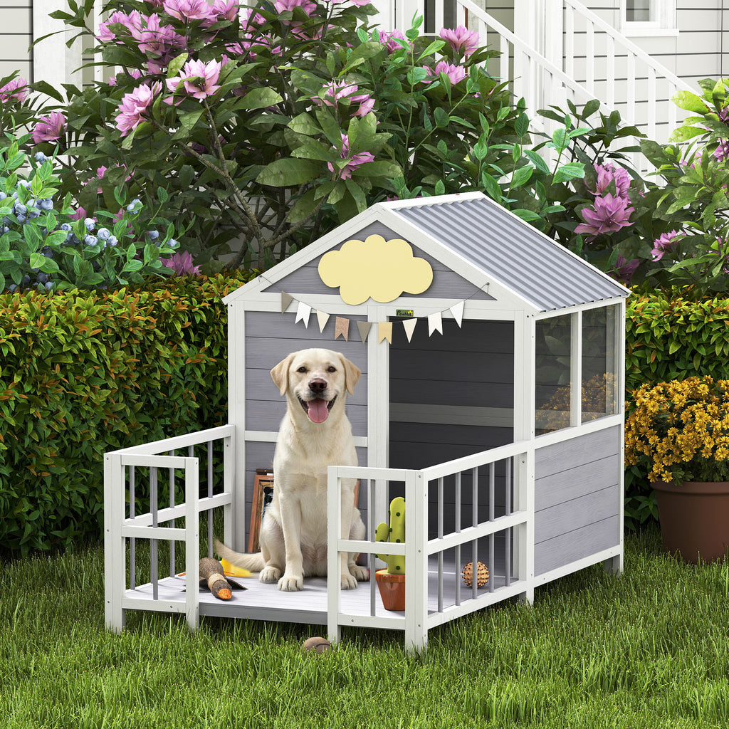 Wooden Dog House with Porch and Weatherproof Roof
