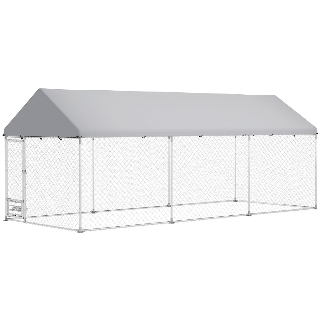 Outdoor Dog Kennel with Adjustable Bowl Rack – Silver / 1285x410x290 mm