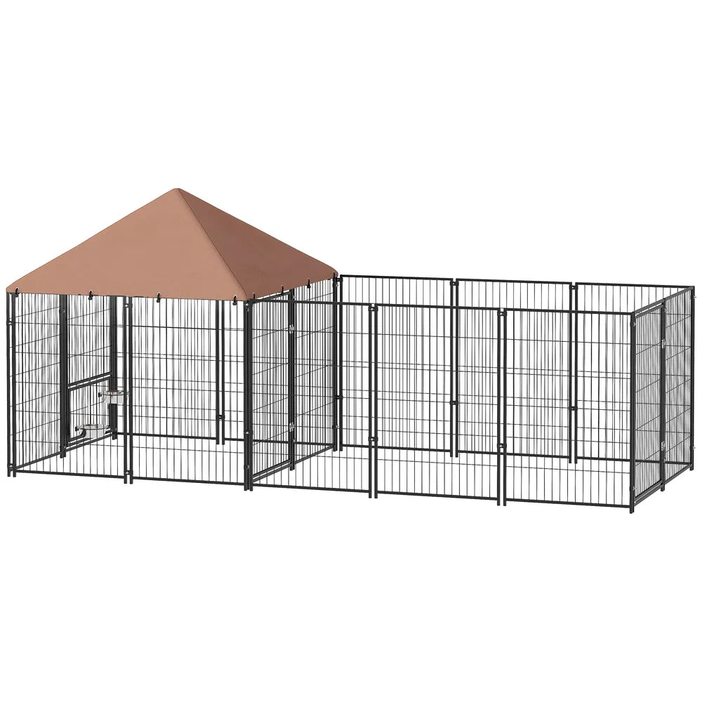 Outdoor Dog Kennel with Adjustable Height Bowls and UV Cover – Coffee