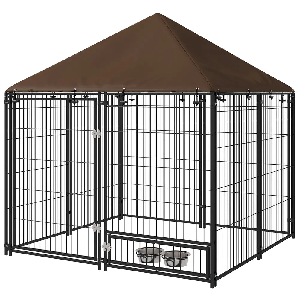 Outdoor Dog Kennel with Canopy and Rotating Bowls – Coffee
