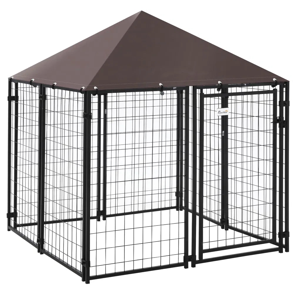 Outdoor Dog Kennel with Lockable Canopy Top – Black
